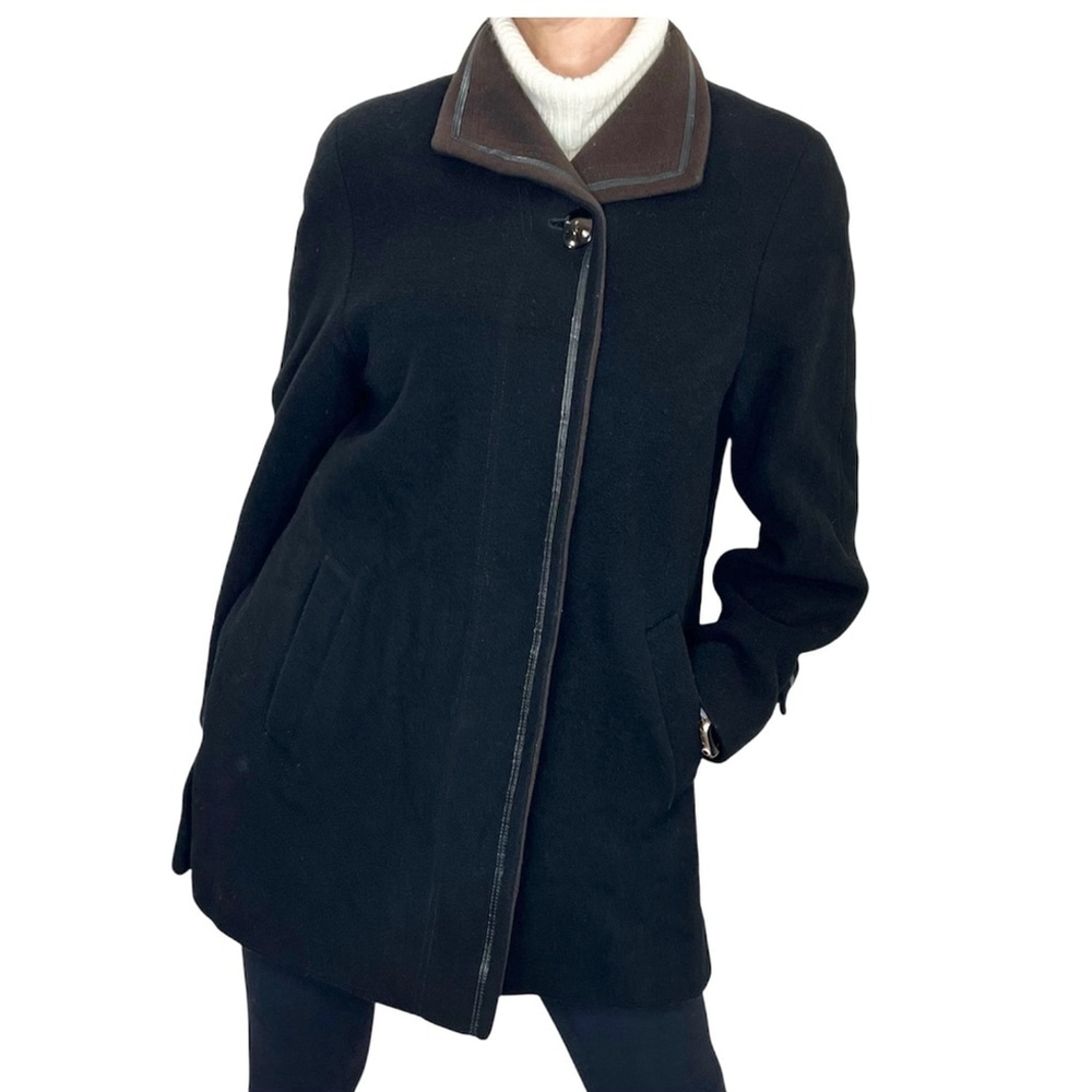 Vintage 90s Italian wool cashmere black brown mid length coat 12 - Picture 2 of 12